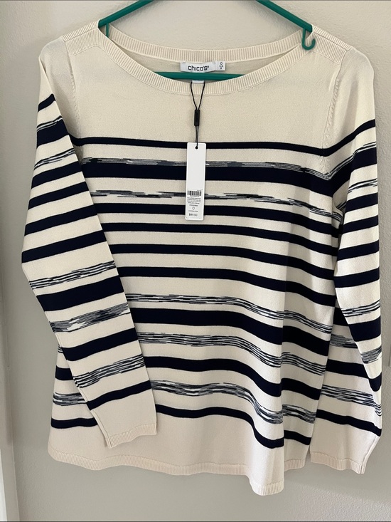 Chico's Sweaters - Chico's Cream and Navy Striped Crewneck Sweater